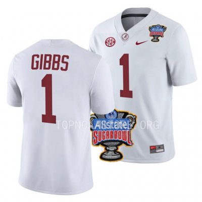 Men's Alabama Crimson Tide #1 Jahmyr Gibbs White 2022 Sugar Bowl NCAA College Football Jersey 2403VGCN3